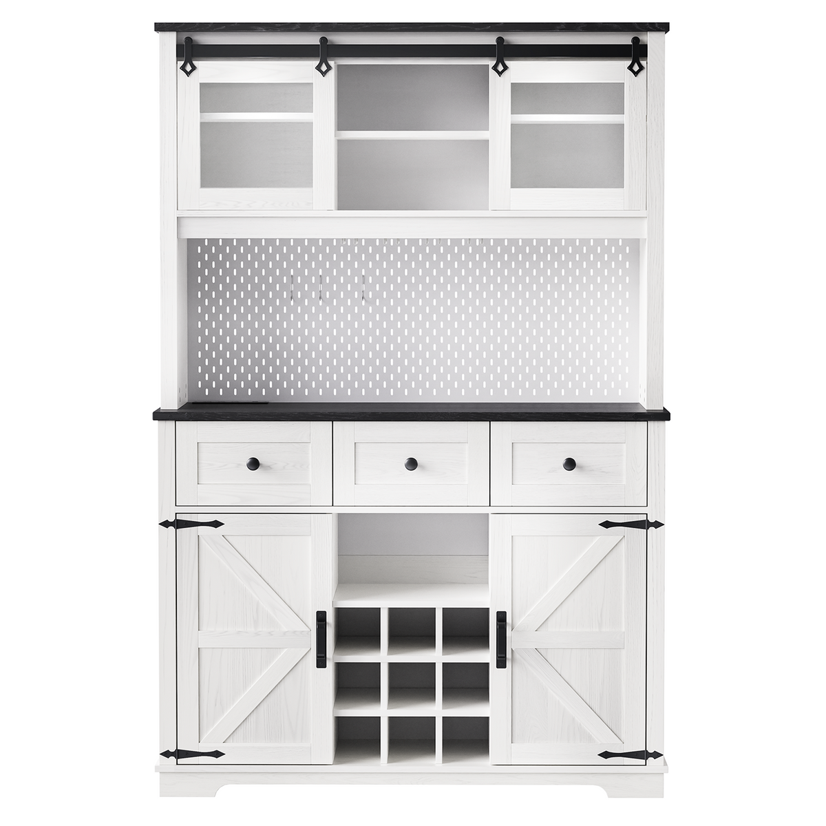 K&K 71" Farmhosue Pantry Bar Cabinet with Internal Storage Rack,Kitchen Cabinet with Hutch,Sliding Door,Power Outlet,Pegboard,Wine & Glasses Rack,3 Drawers,Rustic Coffee Bar Storage Cabinet,White Oak N707S000008W-djyc