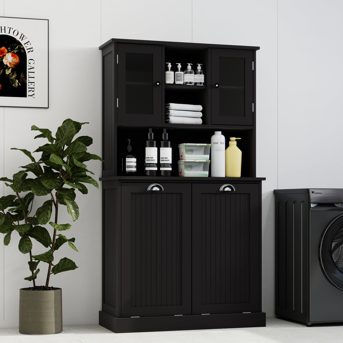 Two-Compartment Tilt-Out Dirty Laundry Basket Tall Bathroom Cabinet with 2 Adjustable Shelves-Black W1120S00002-djyc