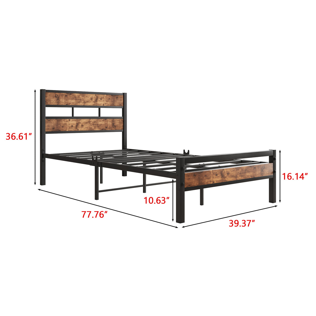 Twin Size Platform Bed Frame with Rustic Vintage Wood Headboard, Strong Metal Slats Support, No Box Spring Needed W840P144081-djyc
