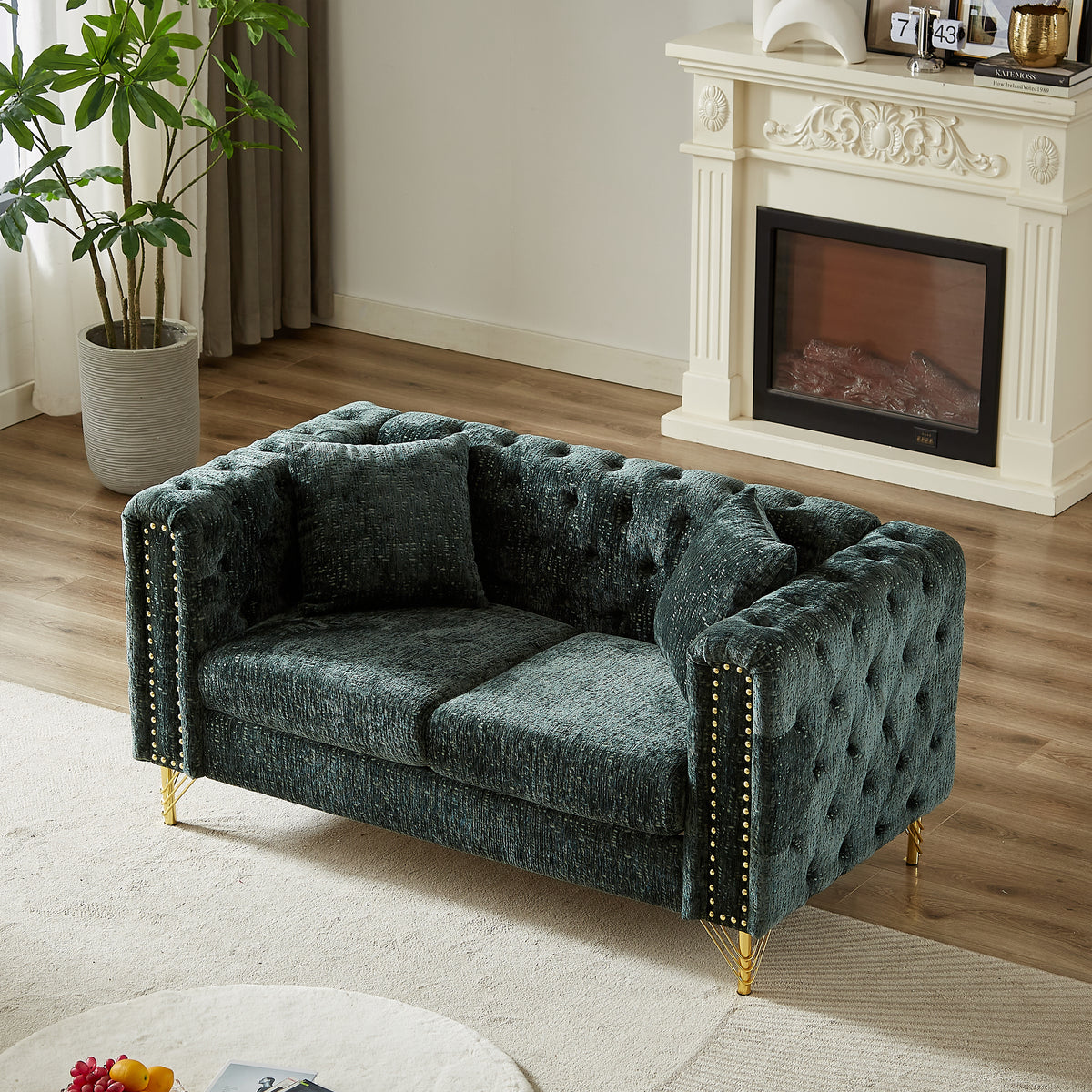 60-Inch Chenille Pull Buckle Design Sofa for Living Room,Buttons Tufted With Copper Nail Decoration Armrest, Modern Couch Upholstered Button And Metal Legs W834S00299-djyc