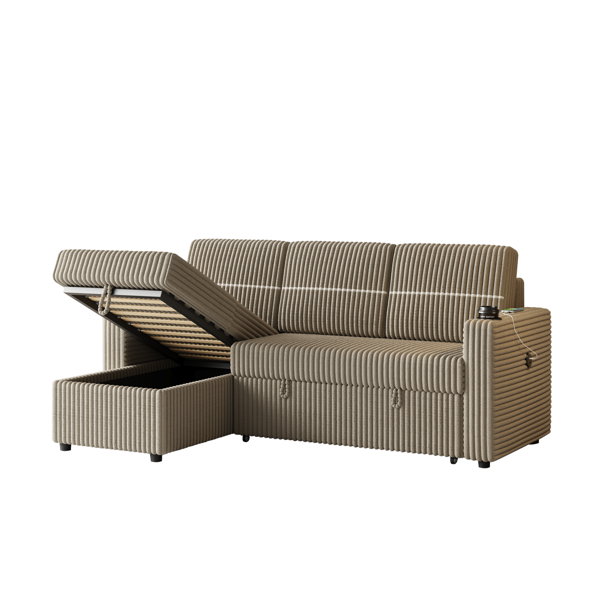 85 Inches Corduroy Sofa Bed, 3 Seater Sleeper Sofa with Storage Chaise, Square Handrail With Two Cup-holder And USB Charge Port, Pull Out Couch for Living Room W834S00271-djyc