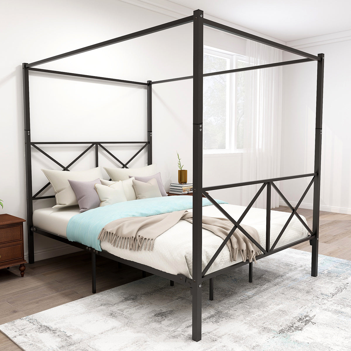 Metal Canopy Bed Frame, Platform Bed Frame Queen with X Shaped Frame Queen Black W84034643-djyc