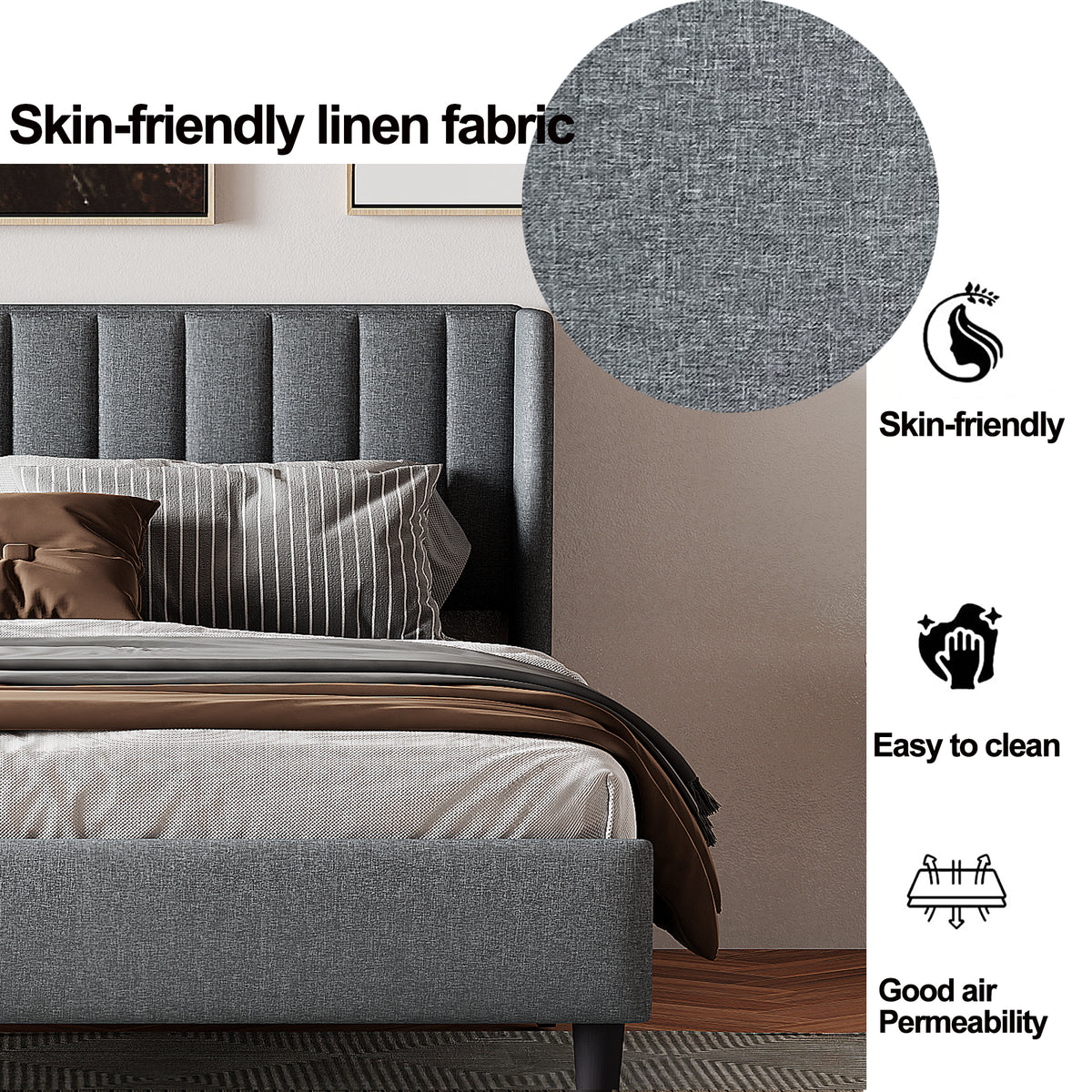 King size Upholstered Platform Bed Frame with Headboard, Mattress Foundation, Wood Slat Support, Quiet, no Box Spring Needed, Easy to Assemble Light Grey W1793140460-djyc