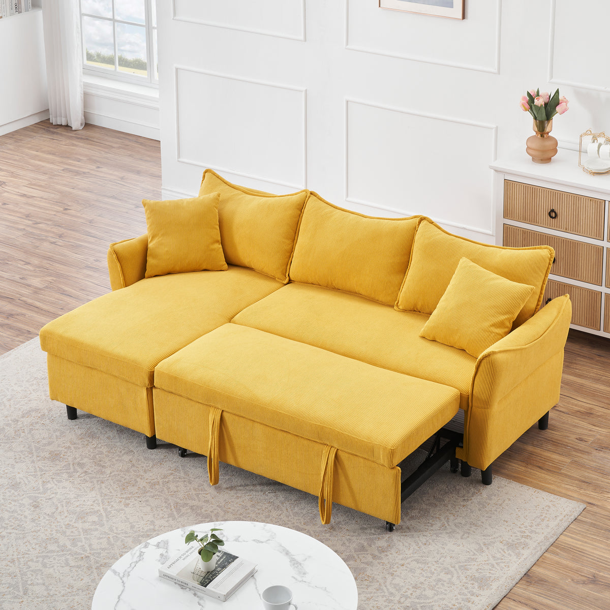 The 80-inch yellow corduroy L-shaped sofa comes with two small throw pillows that can be converted into a sofa bed for storage W1278S00029-djyc