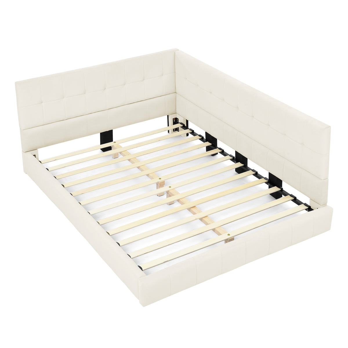 Full Size Upholstered Tufted Bed Frame, Sofa Bed Frame with Comfortable Backrest and Armrests, Full Size Bed for Bedroom, Living Room,Velvet, Beige(80.5''*59''*30.5'') W487S00223-djyc