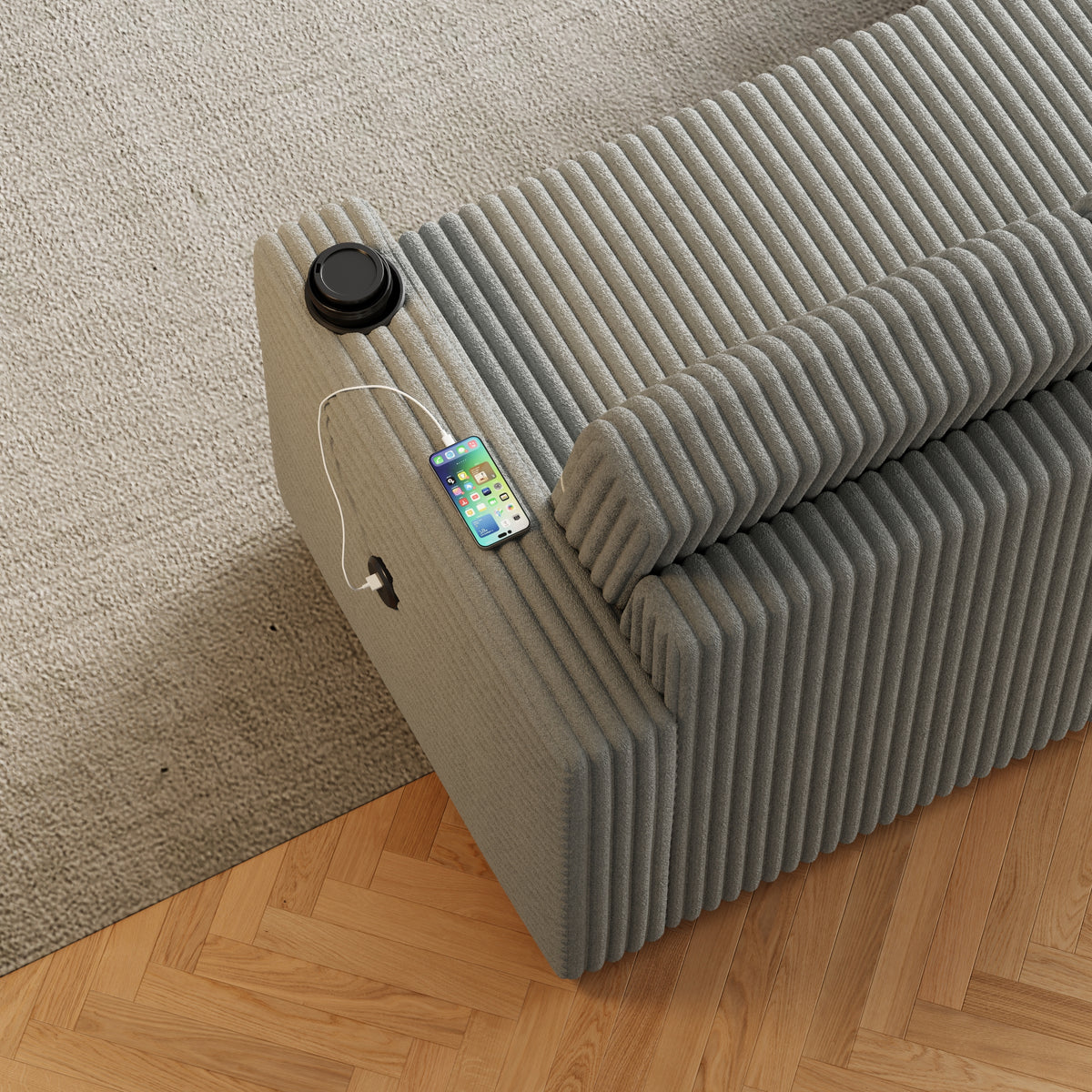 85 Inches Corduroy Sofa Bed, 3 Seater Sleeper Sofa with Storage Chaise, Square Handrail With Two Cup-holder And USB Charge Port, Pull Out Couch for Living Room W834S00269-djyc