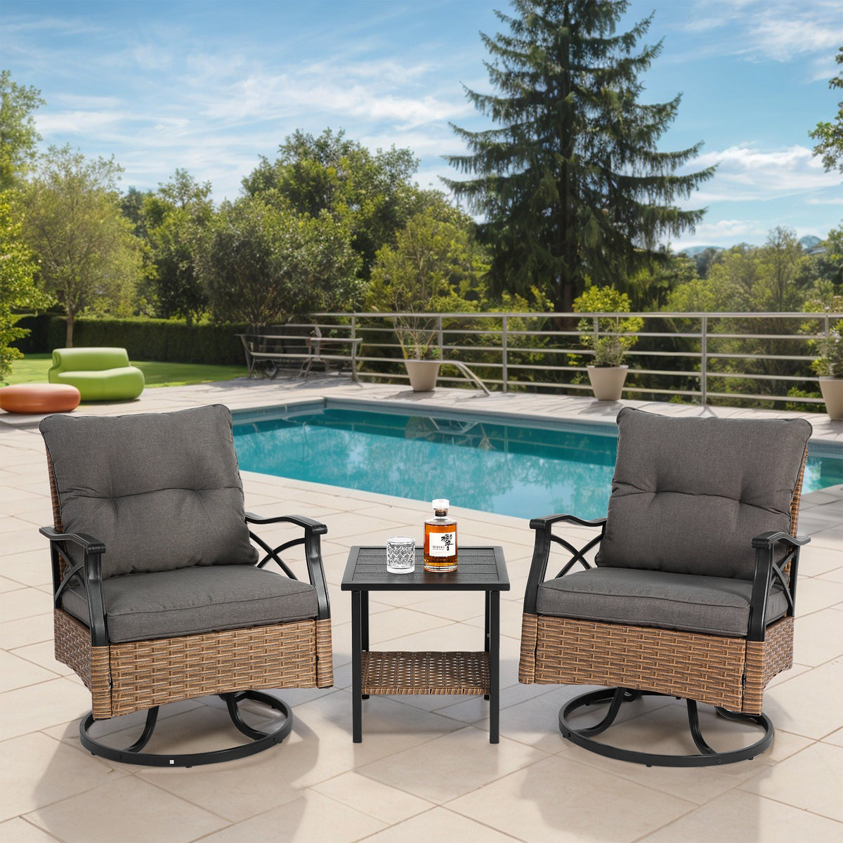 Outdoor Swivel Rocker Chairs Set 3 Piece with 1 Table and 2 Rocking & Swivel Chairs Support 350lbs Brown Wicker Outdoor Furniture Patio Conversation Set W640P256770-djyc