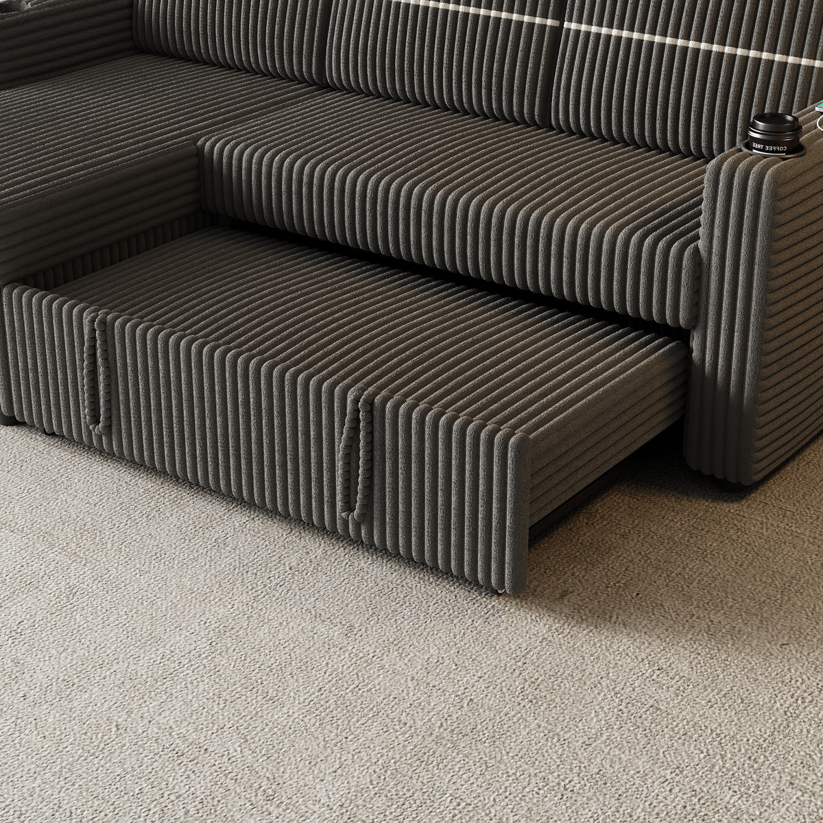 85 Inches Corduroy Sofa Bed, 3 Seater Sleeper Sofa with Storage Chaise, Square Handrail With Two Cup-holder And USB Charge Port, Pull Out Couch for Living Room W834S00270-djyc