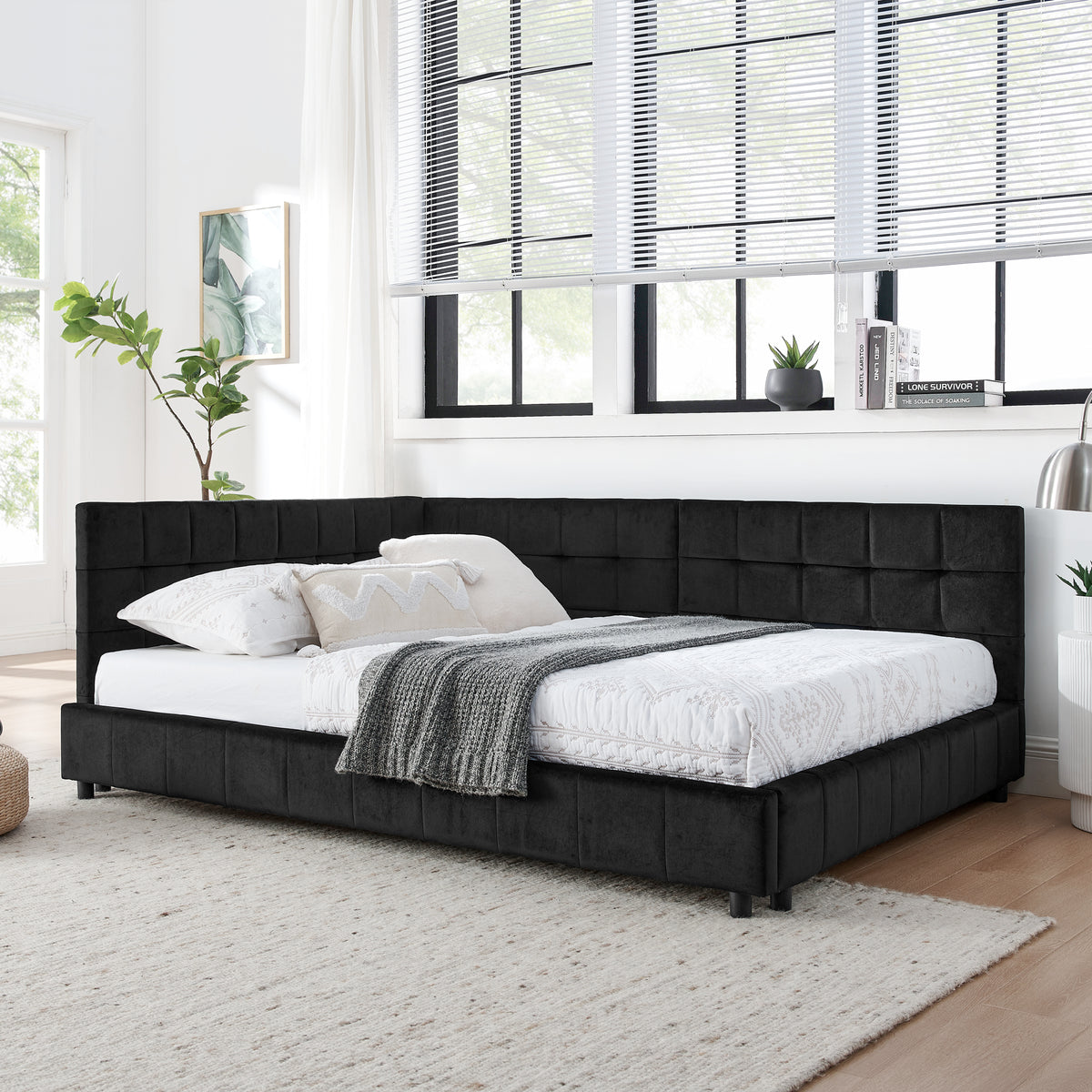 Full Size Upholstered TuftedBed Frame, Sofa Bed Frame with Comfortable Backrest and Armrests, Full Size Bed for Bedroom, Living Room,Velvet, Black(80.5''*59''*30.5'') W487S00222-djyc