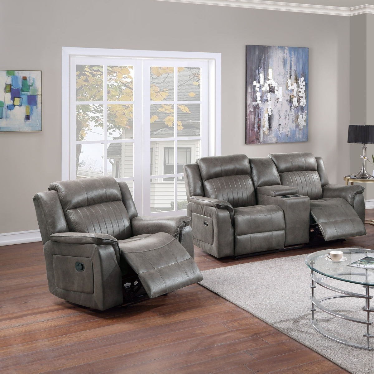 Contemporary Style 2pc Living Room Set 1x Recliner 1x Loveseat Slate Blue Finish Vertical And Horizontal Tufting Primary Living Room Furniture-B011S02413