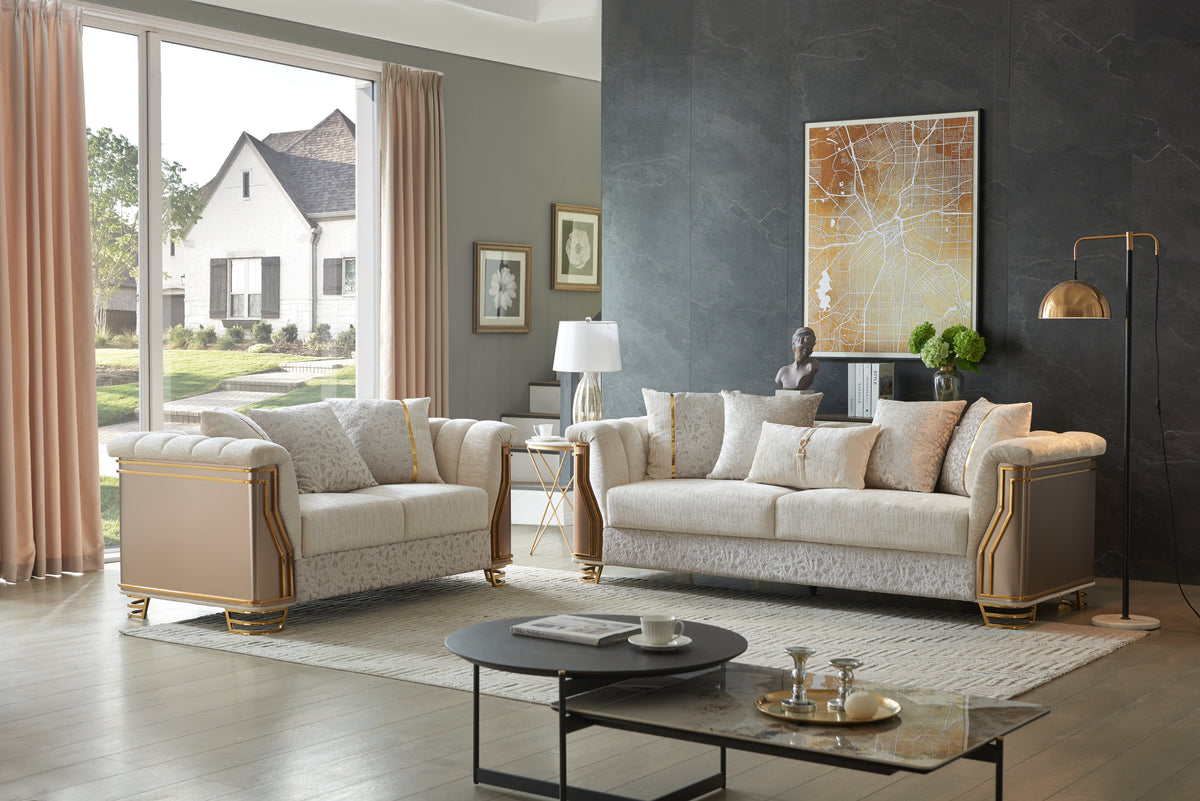 Chateau Two-Tone Wood Upholstery 2Pc Set with Modern Design, Stainless Steel Gold Accents, and Cream Finish-B009S02178