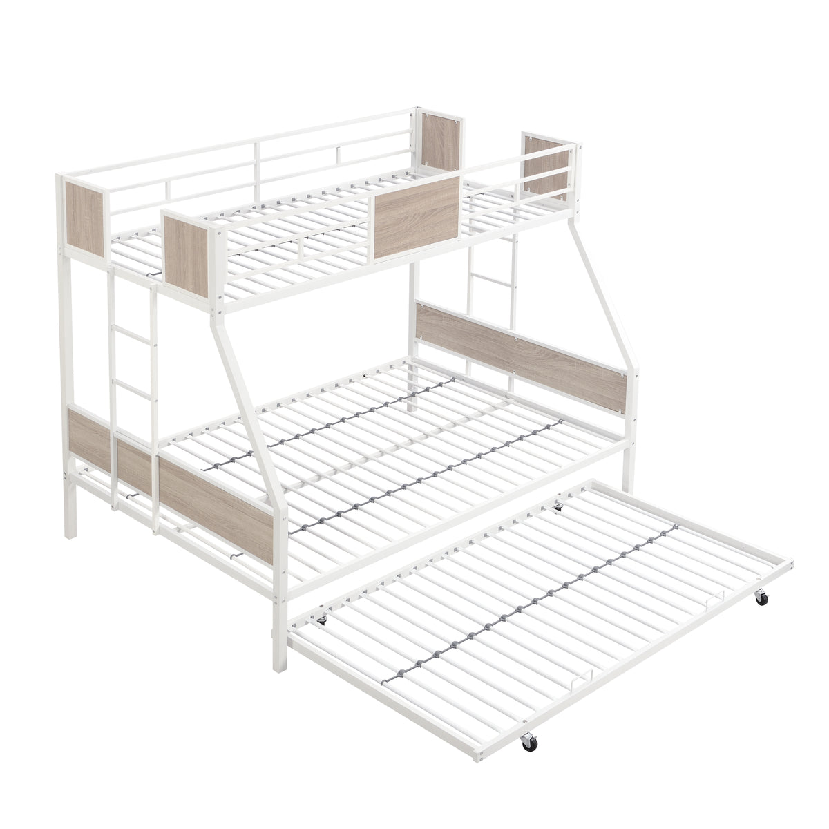 Twin Over FULL Metal Bunk Bed with Trundle 2 - Side Ladder and Full-Length Guardrail, No Box Spring Needed, Large Under Bed Storage, Easy Assemble W311133416-djyc