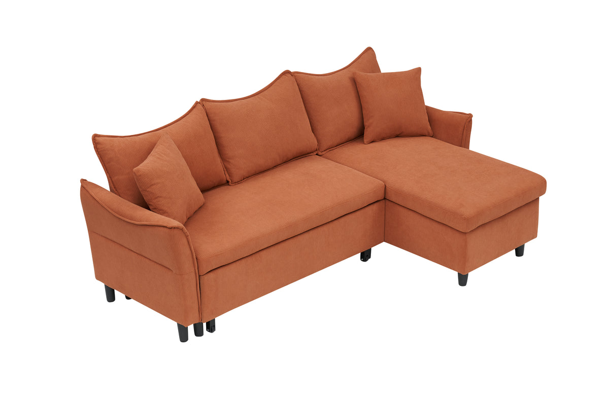 This 80-inch orange corduroy L-shaped sofa comes with two small throw pillows that can be converted into a sofa bed for storage W1278S00026-djyc