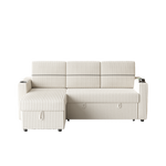 85 Inches Corduroy Sofa Bed, 3 Seater Sleeper Sofa with Storage Chaise, Square Handrail With Two Cup-holder And USB Charge Port, Pull Out Couch for Living Room W834S00272-djyc