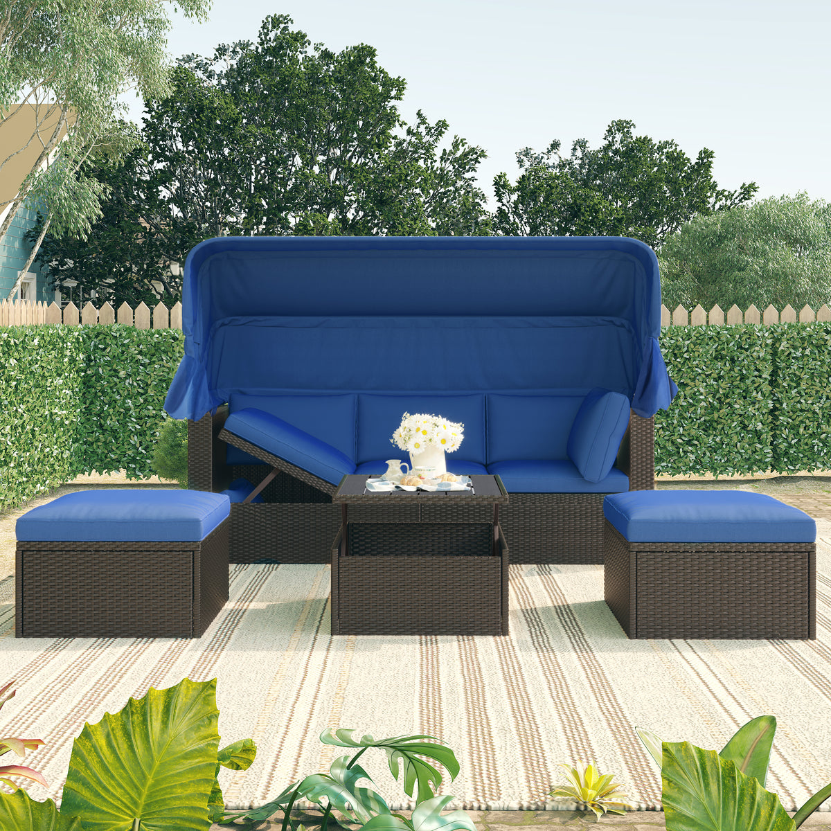 U_Style Outdoor Patio Rectangle Daybed with Retractable Canopy,Wicker Furniture Sectional Seating with Washable Cushions, Backyard, Porch(As same as WY000263AAE) WY000319AAV-djyc