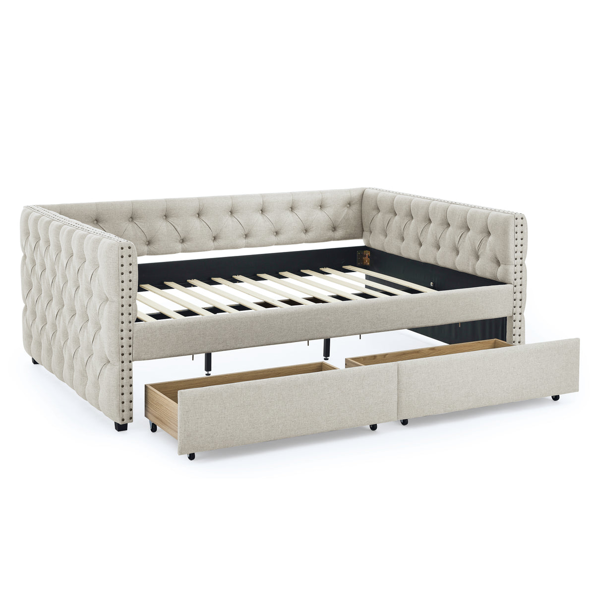 Upholstered Full Size Daybed with Two Drawers, with Button and Copper Nail on Square Arms, Beige (82.75''x58''x30.75'') W487S00219-djyc
