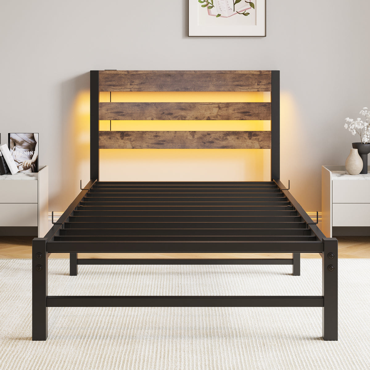 Twin Size Bed Frame Heavy Duty Platform Bed Frame with Headboard, USB Charging Station, LED Bed, No Box Spring Needed, Mattress Foundation, Strong Steel Slats, Noise Free, Brown W840P209879-djyc
