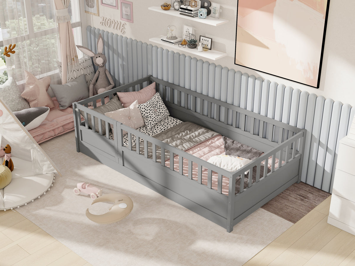 Twin Size Floor bed, integral construction with super high security barrier, door, children's floor bed frame, Montessori wooden children's floor bed,Grey W1858P164928-djyc