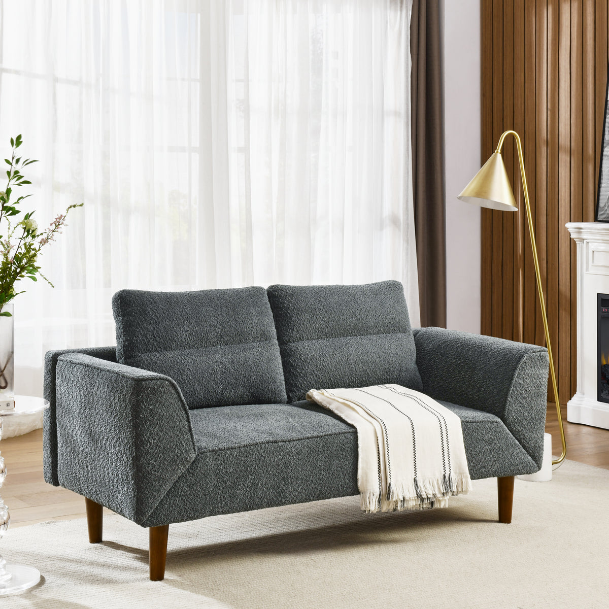 Convertible Futon Sofa Bed, Comfy Loveseat Sleeper Sofa with Adjustable Armrest, Strengthen Wood, Thick Padded Cushion, Small 2 Seater Couch for Living Room, Bedroom, Grey W487P180468-djyc