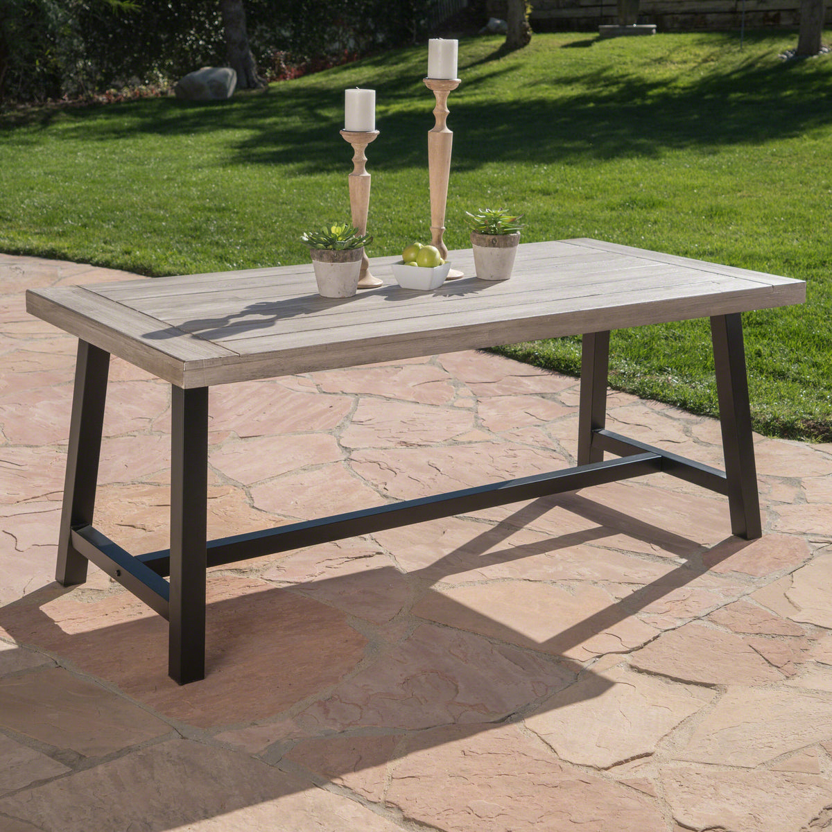 Outdoor Light Grey Sandblast Finish Acacia Wood Dining Table with Black Rustic Metal Finish Frame 54561.00SGRY-djyc