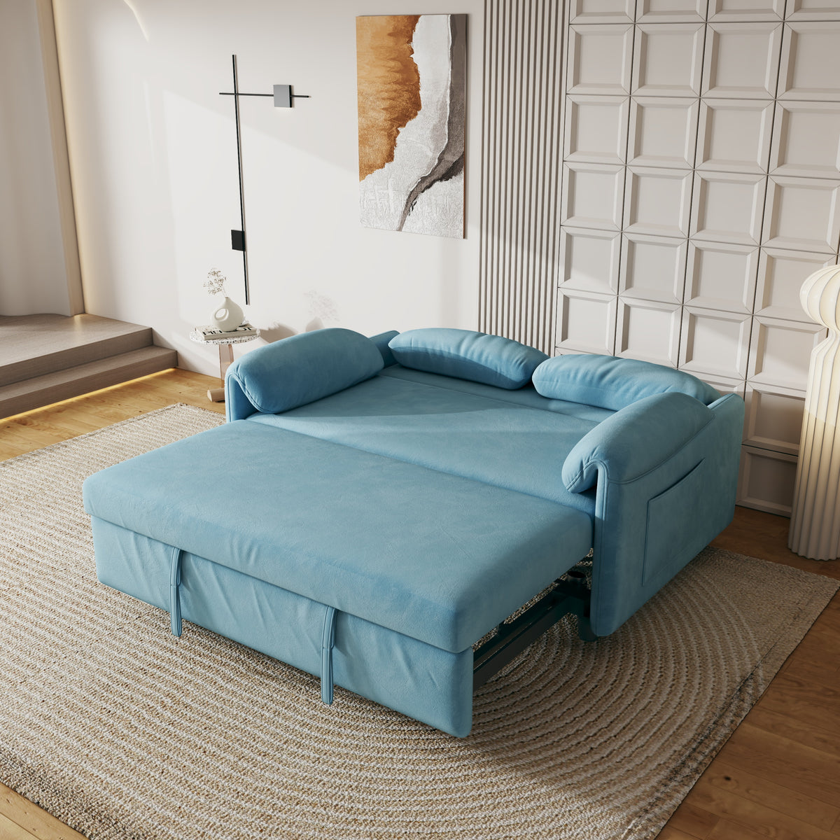 Sofa Showcase: 54" Velvet Blue Sofa Bed – A Dual-Purpose Living Room Gem with a Retractable Bed Option W1278127958-djyc
