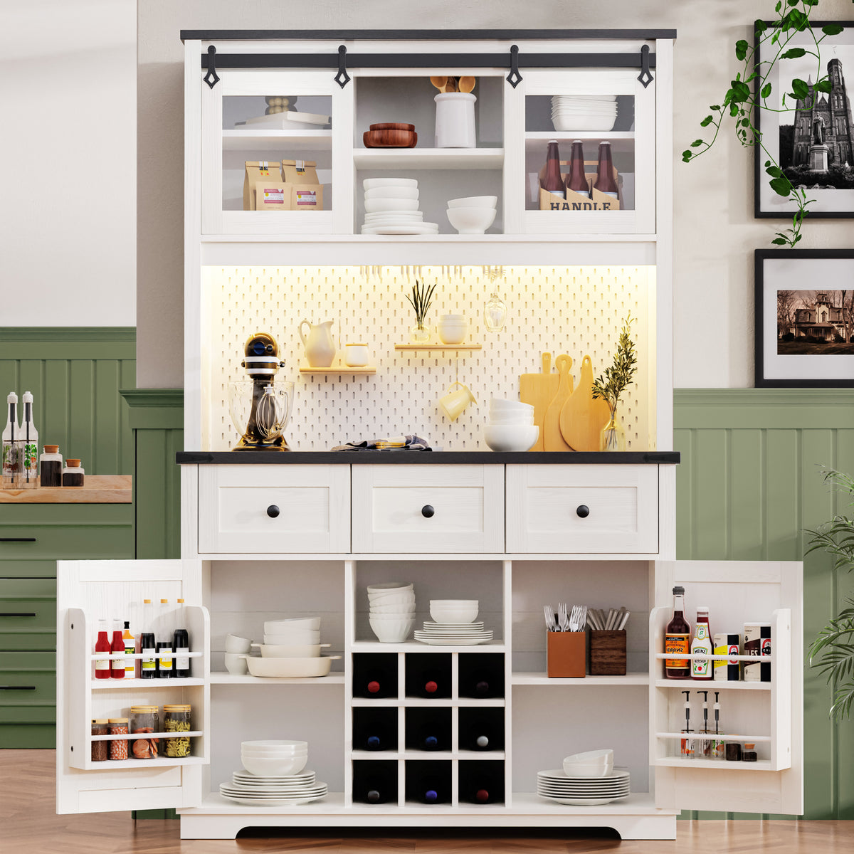 K&K 71" Farmhosue Pantry Bar Cabinet with Internal Storage Rack,Kitchen Cabinet with Hutch,Sliding Door,Power Outlet,Pegboard,Wine & Glasses Rack,3 Drawers,Rustic Coffee Bar Storage Cabinet,White Oak N707S000008W-djyc