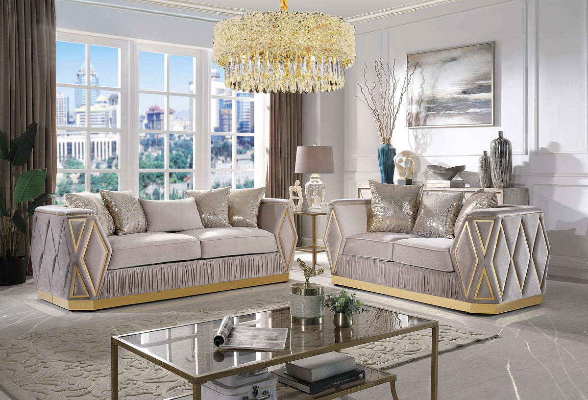 Cavalli Contemporary Style Upholstery Diamond Pattern 2PC Livingroom Set Made with Wood in Gold accent & Taupe-B009S02180