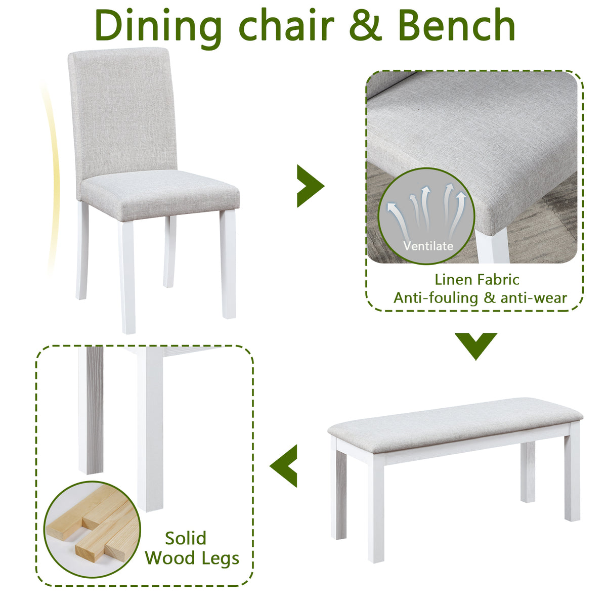 Wooden Dining Rectangular Table with Bench, Kitchen Table with Bench for Small Space, 6 Person Dining Table, White W1998S00046-djyc