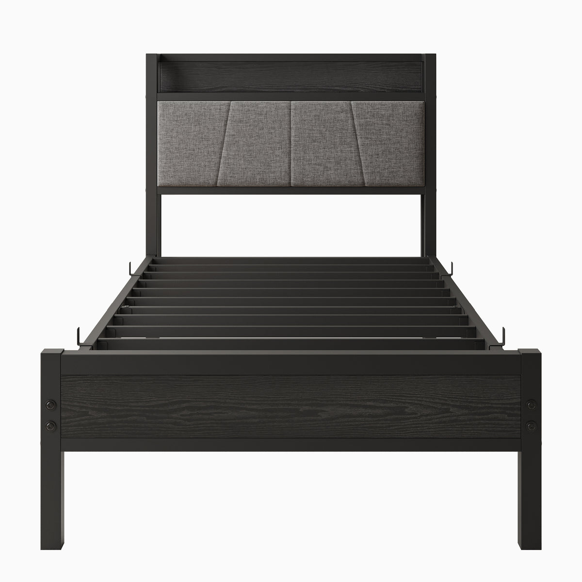 Twin Size Bed Frame, Storage Headboard with Charging Station, Solid and Stable, Noise Free, No Box Spring Needed, Easy Assembly W840P179116-djyc