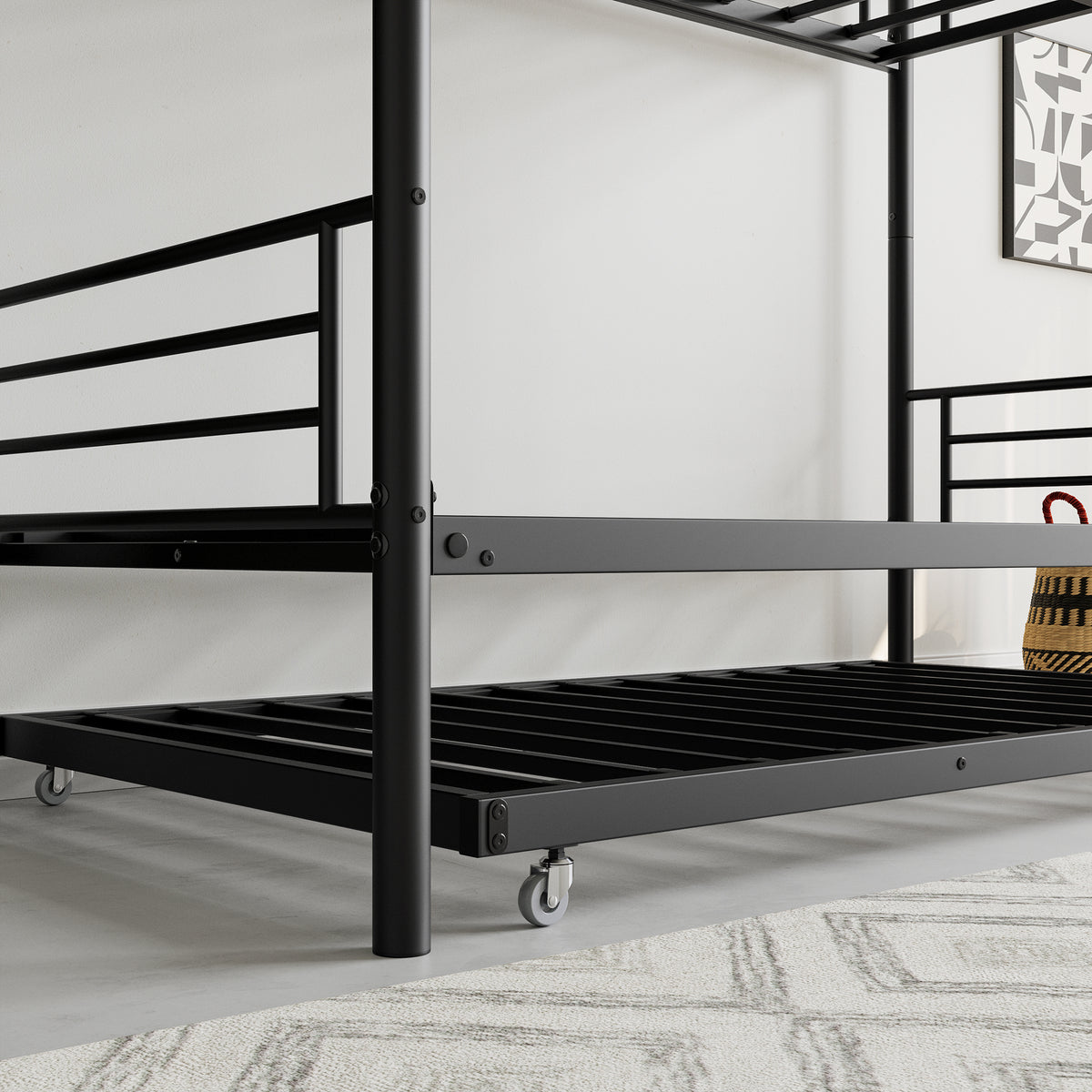 Twin Bunk Bed with Trundle Metal Bunkbeds with Ladder and Full-Length Guardrail, Noise Free, No Box Spring Needed, Black W840P196829-djyc