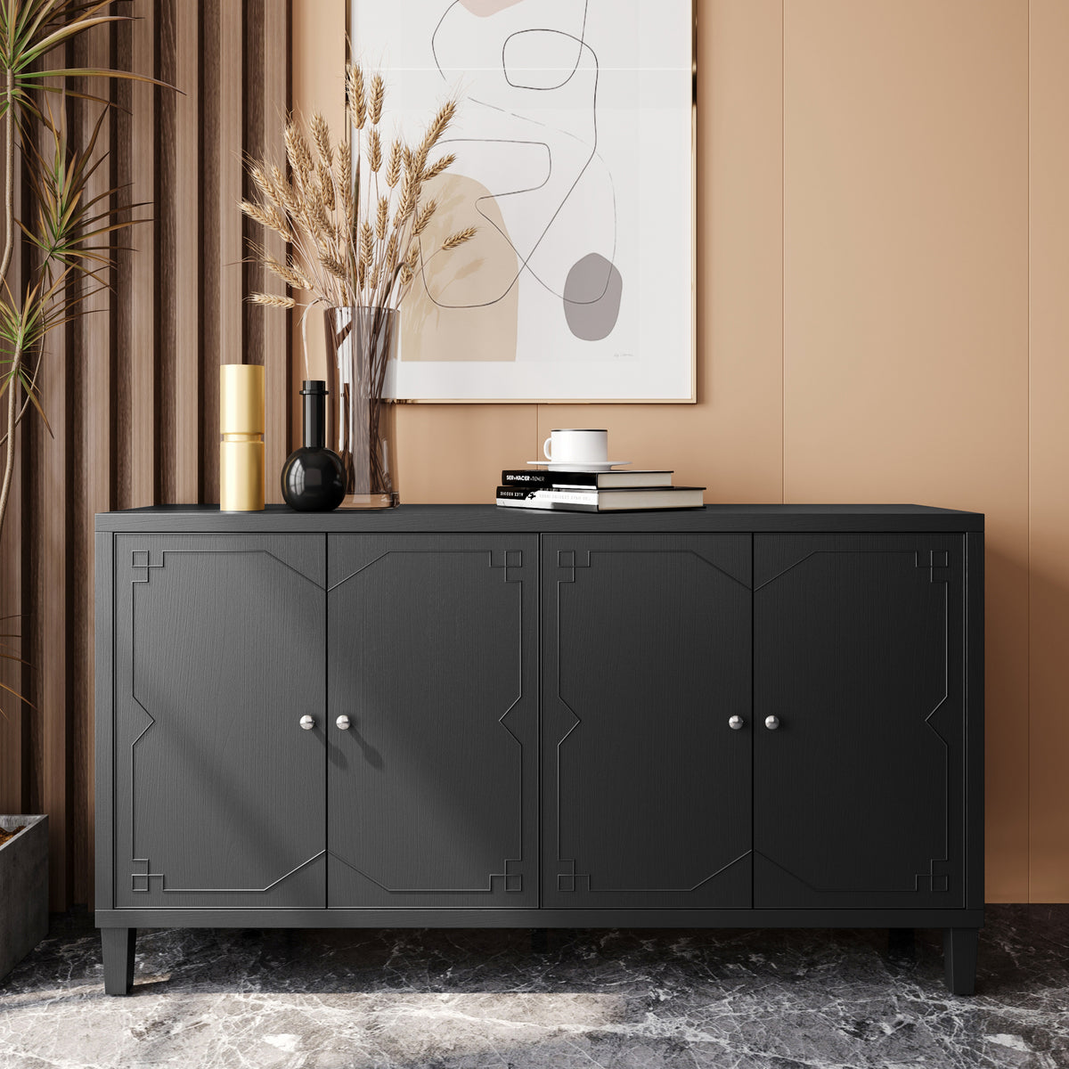 Accent Cabinet 4 Door Wooden Cabinet Sideboard Buffet Server Cabinet Storage Cabinet, for Living Room, Entryway, Hallway, Office, Kitchen and Dining Room, Matte Black W1435P153081-djyc