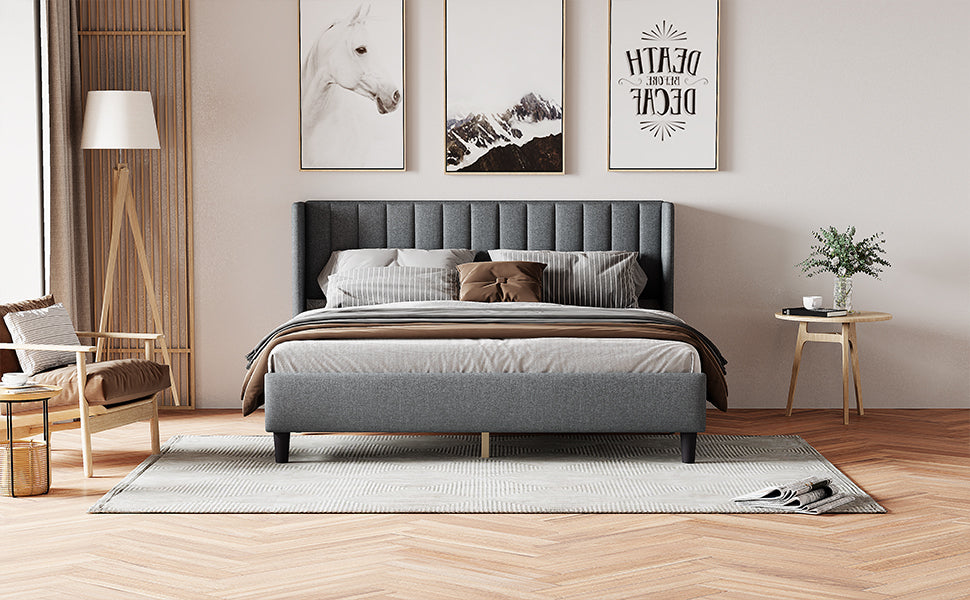 King size Upholstered Platform Bed Frame with Headboard, Mattress Foundation, Wood Slat Support, Quiet, no Box Spring Needed, Easy to Assemble Light Grey W1793140460-djyc