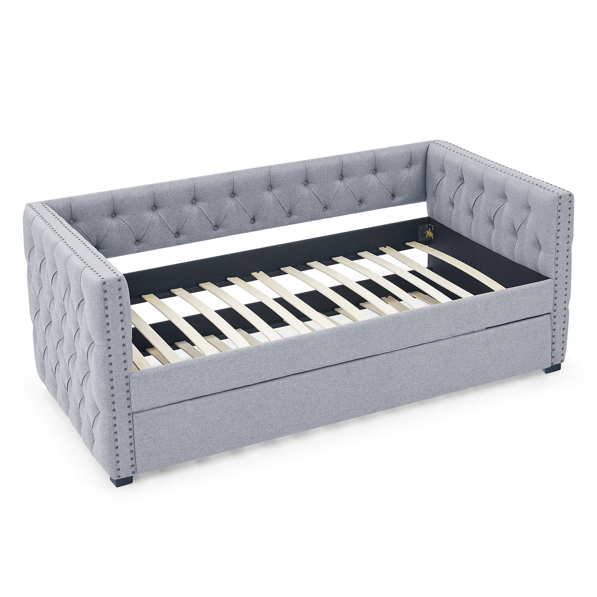 Daybed with Trundle Upholstered Tufted Sofa Bed, with Button and Copper Nail on Square Arms,both Twin Size,Grey(85"x42.5"x31.5")(Old SKU W487S00045) W487S00103-djyc