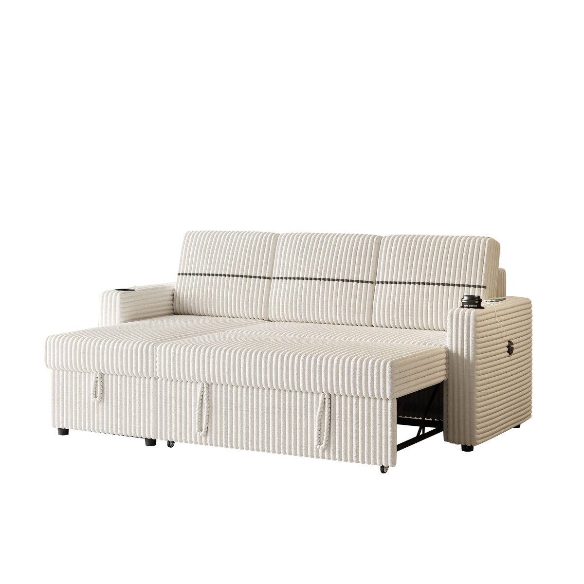 85 Inches Corduroy Sofa Bed, 3 Seater Sleeper Sofa with Storage Chaise, Square Handrail With Two Cup-holder And USB Charge Port, Pull Out Couch for Living Room W834S00272-djyc
