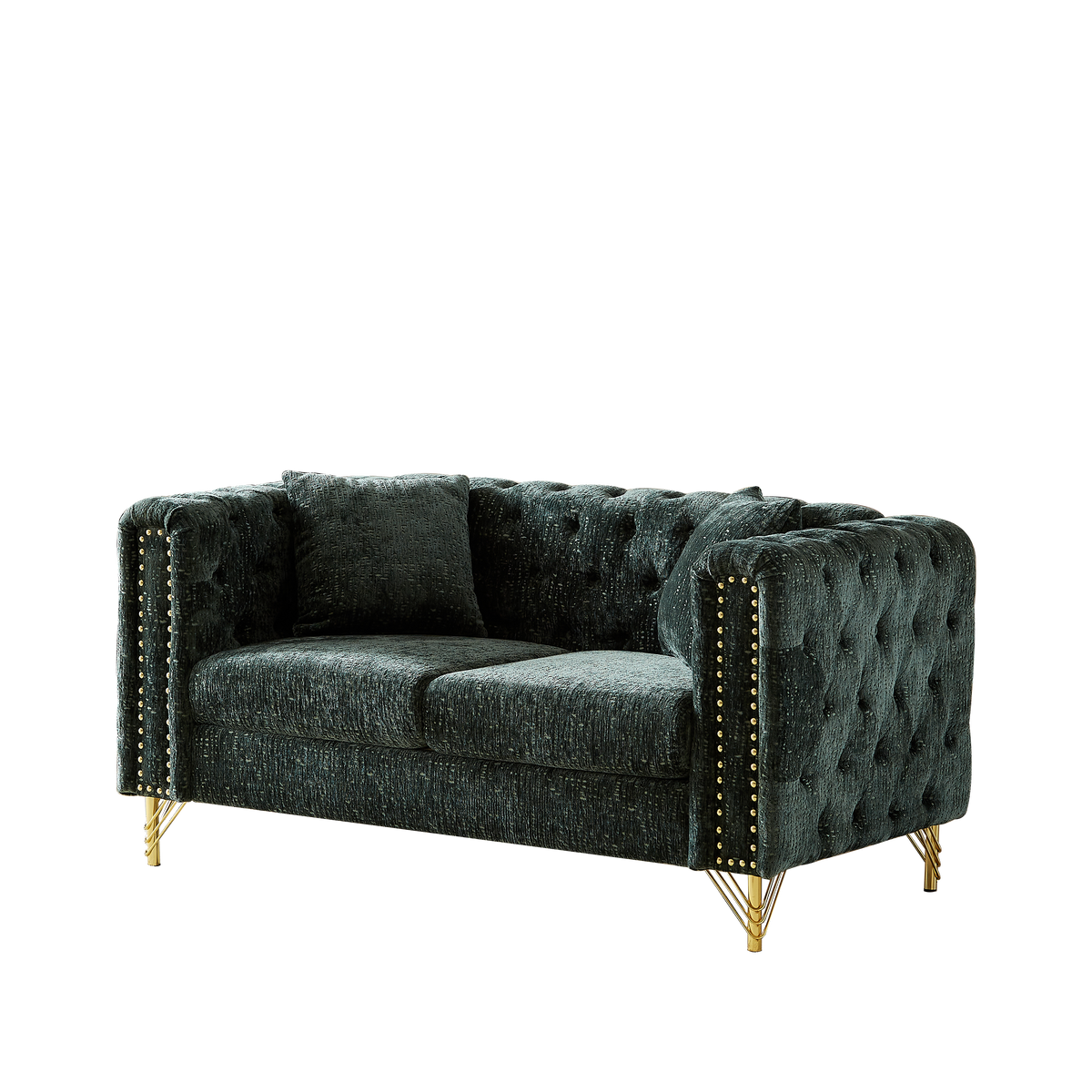 60-Inch Chenille Pull Buckle Design Sofa for Living Room,Buttons Tufted With Copper Nail Decoration Armrest, Modern Couch Upholstered Button And Metal Legs W834S00299-djyc