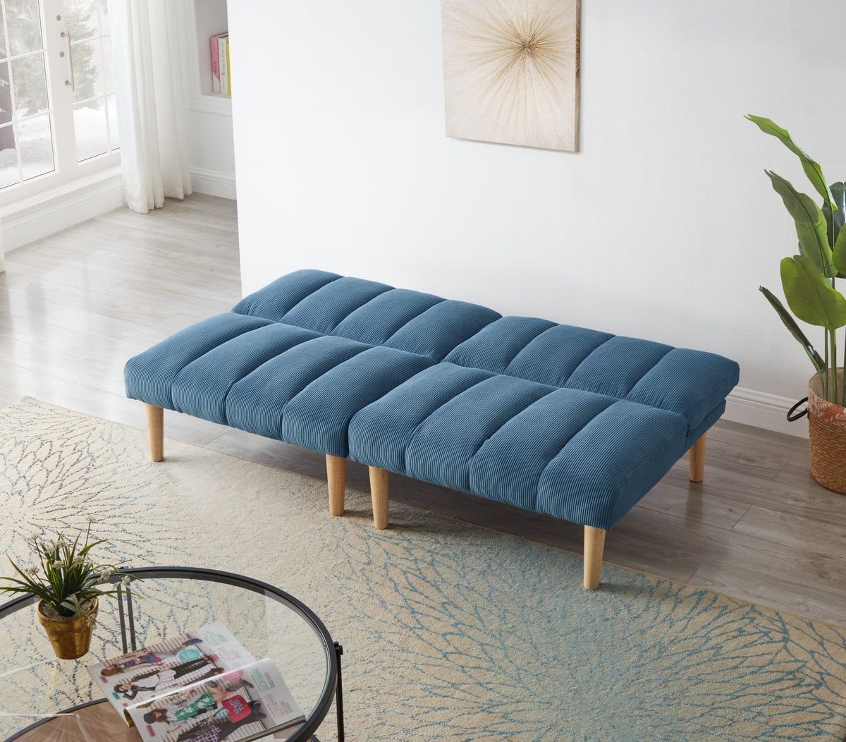 Corduroy fabric, wooden legs convertible sofa bed (Color:Blue) W1669P156117-djyc