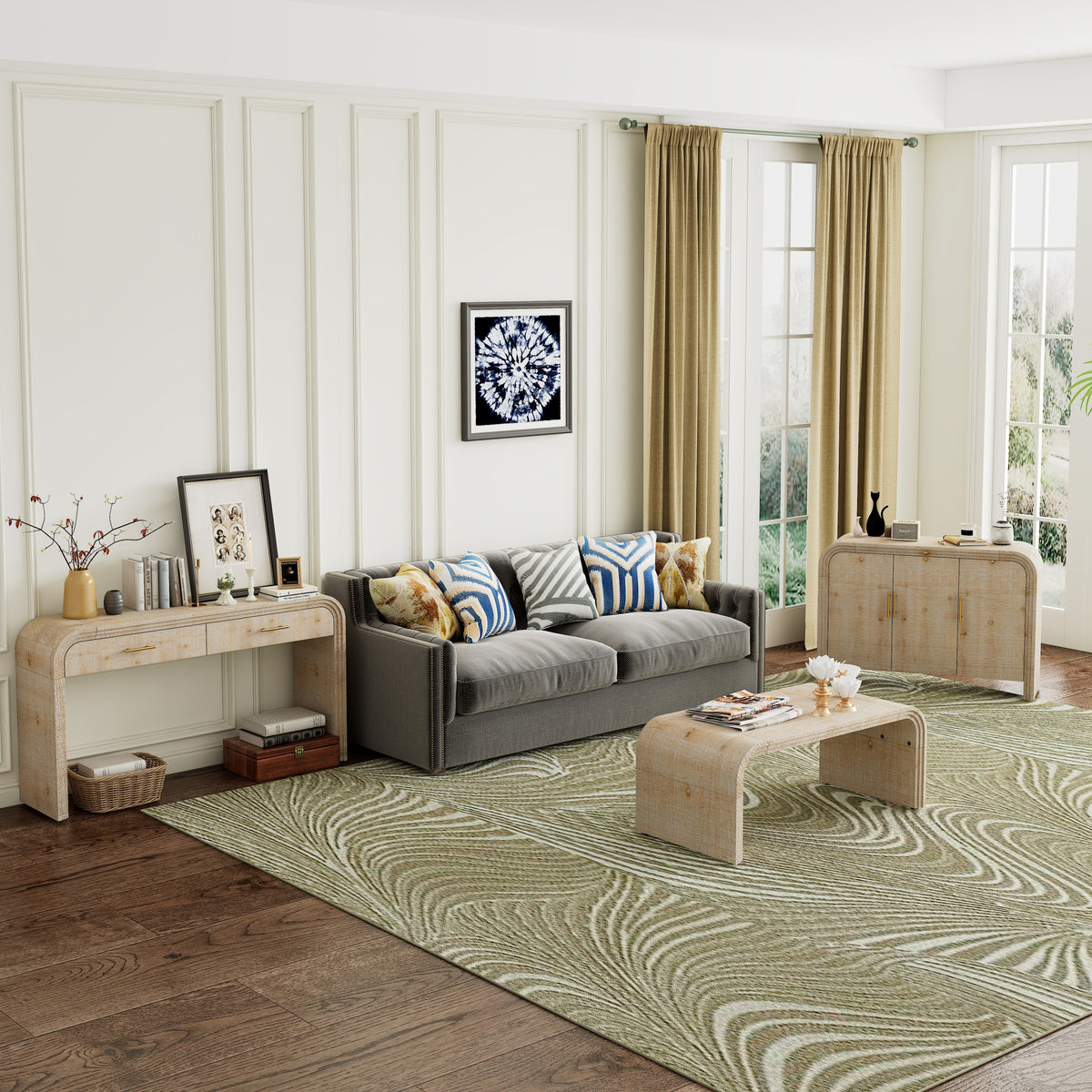 TREXM Unique Retro Silhouette Sectional Three-Piece Set Containing Sideboard, Console Table and Coffee Table, Suitable for Dining Room, Living Room and Entrance (Natural Wood Wash) XW000016AAD-djyc