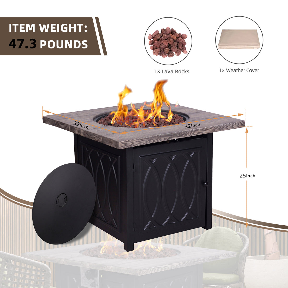 Faux Woodgrain Table top And Steel Base Propane Outdoor Fire Pit Table With Lid W2029120085-djyc