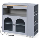 K&K Rolling Kitchen Island With Extended Table, Kitchen Island on Wheels with LED Lights,Power Outlets and 2 Fluted Glass Doors, Kitchen Island with a Storage Compartment and Side 3 Open Shelves, Grey WF316018AAG-djyc