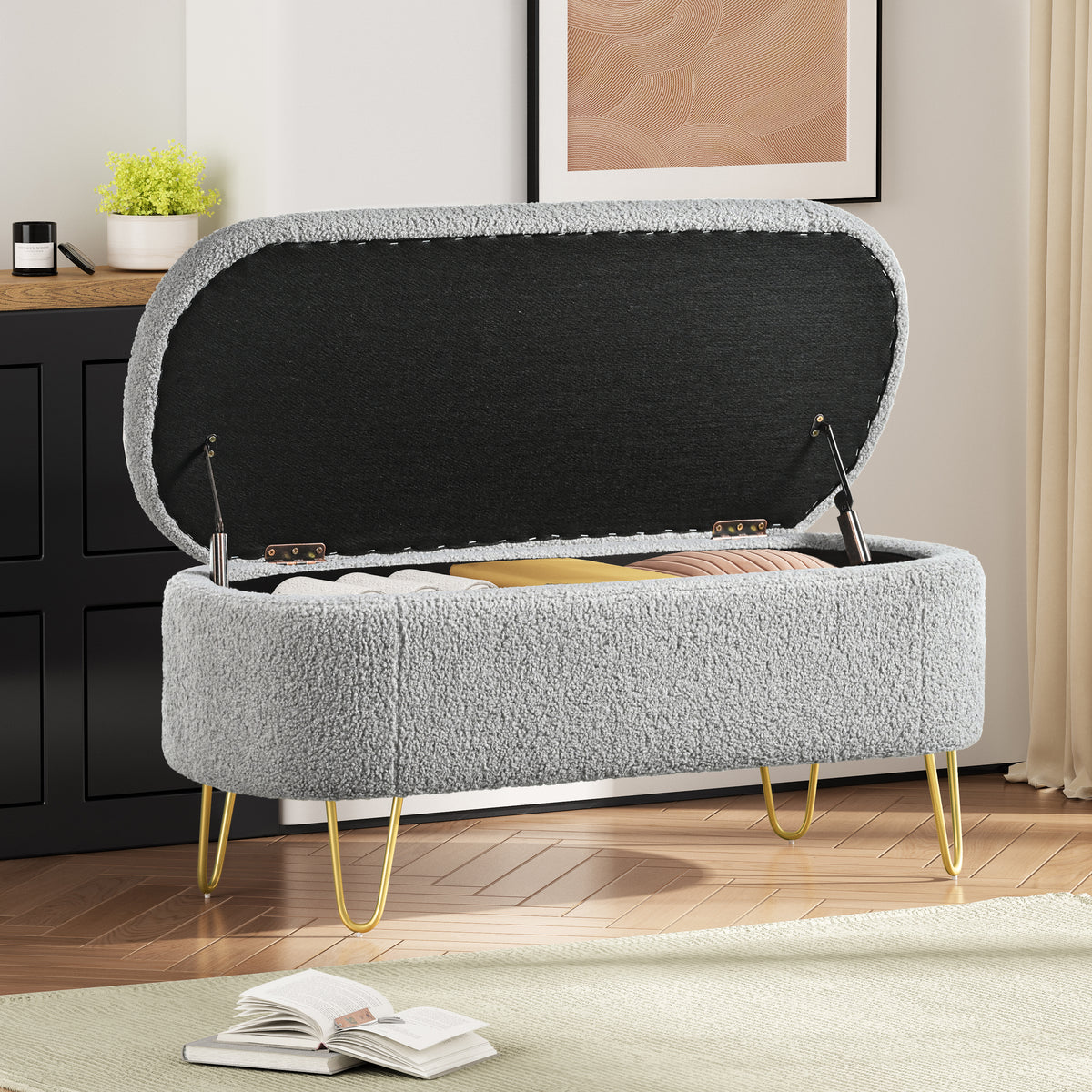 Oval Storage Bench for Living Room Bedroom End of Bed, Upholstered Storage Ottoman Entryway Bench With Metal Legs,Grey N769P195486G-djyc