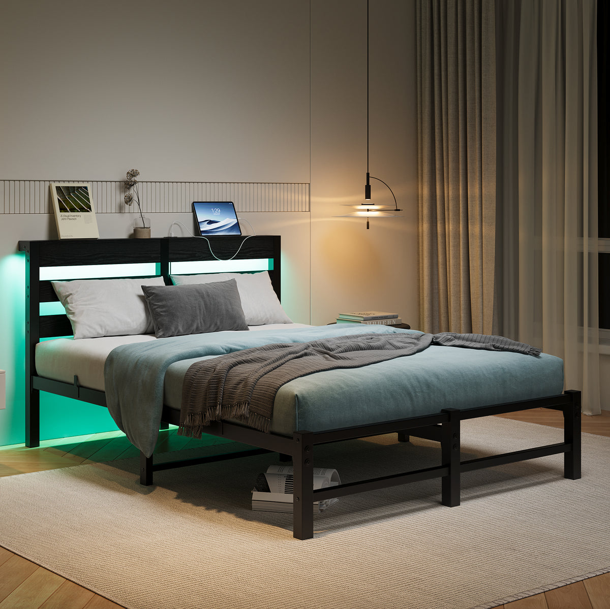 Full Size Metal Bed Frame with Wooden Headboard, RGB Lights, Outlets & Charger, Storage Shelf, Noise-Free, No Box Spring Needed W840P209906-djyc