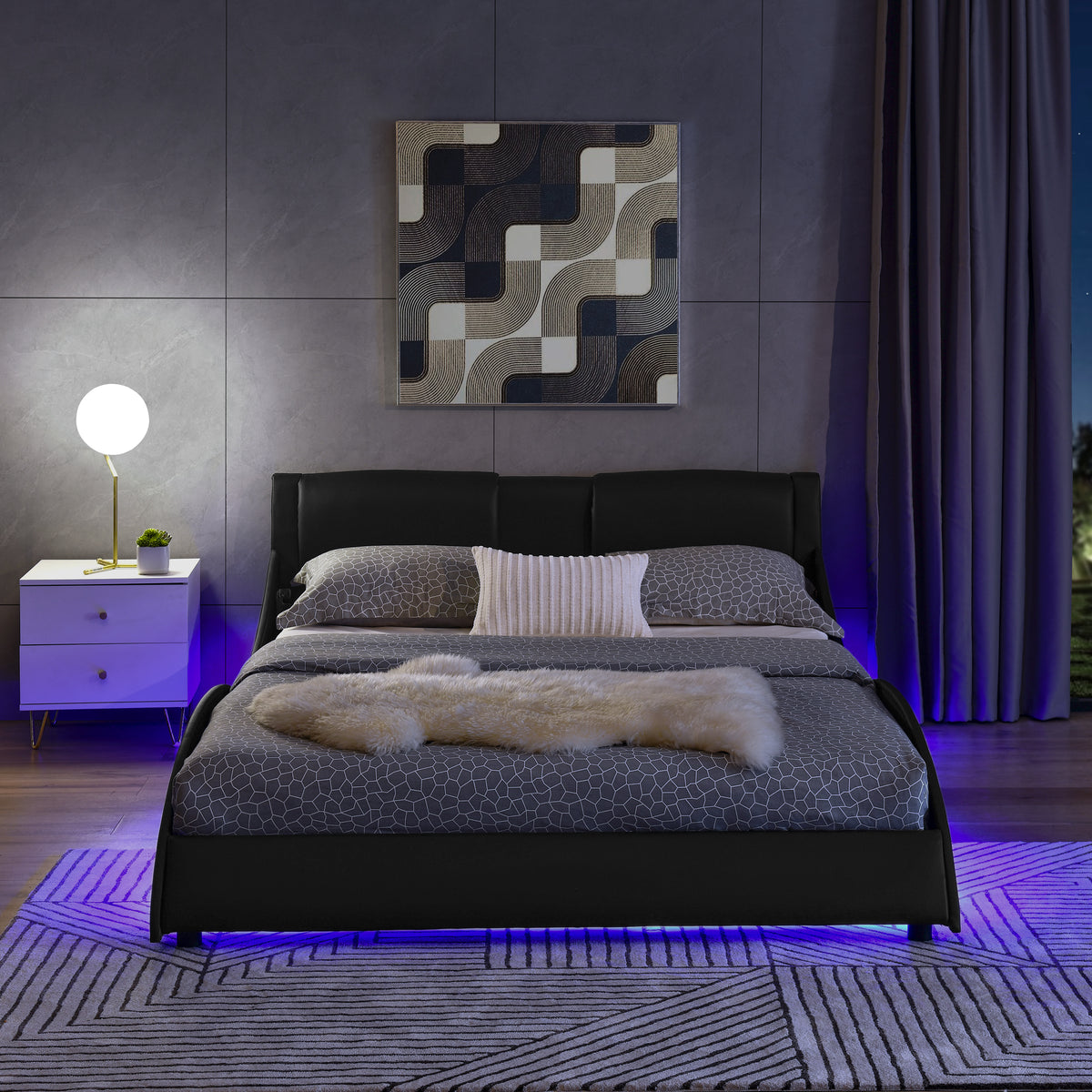Queen Led Bed Frame Modern Faux Leather Upholstered Platform Bed Frame with RGB LED Lights and Headboard Wave Like Curve Low Profile Bed Frame,Wood Slats Support,Easy Assembly, Black W487P169716-djyc