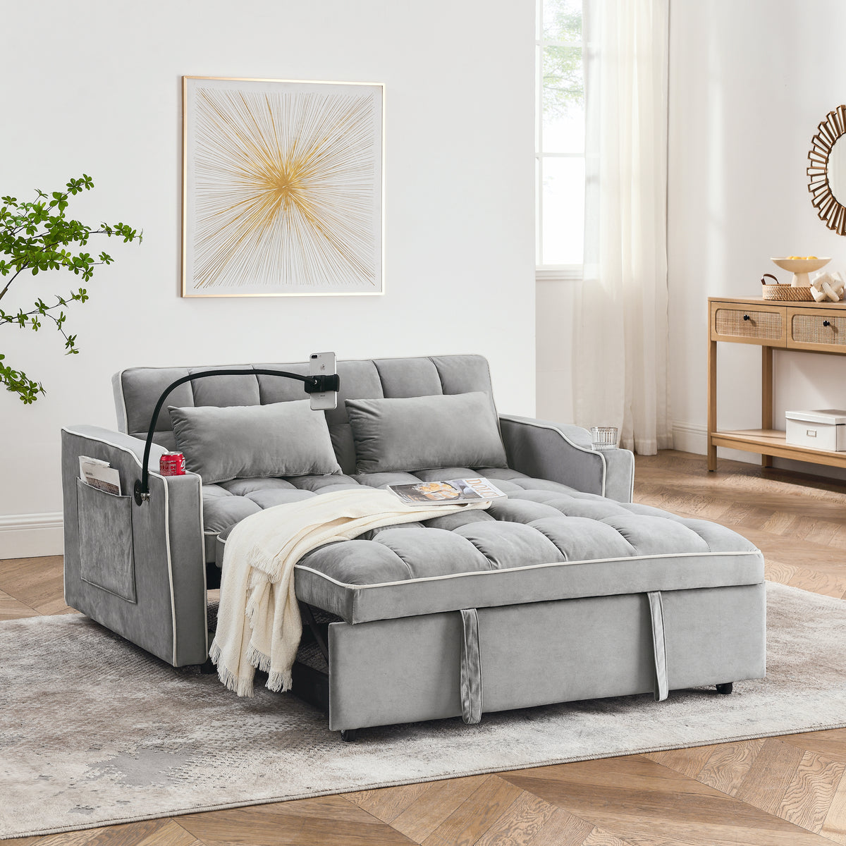 55.51 inch versatile foldable sofa bed in 3 lengths, modern sofa sofa sofa velvet pull-out bed, adjustable back and with USB port and ashtray and swivel phone stand (Grey) W2353P151787-djyc
