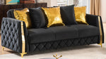 Lippa Upholstered Sofa in Black Fabric with Gold Stainless Steel Legs, Foam Cushioning and Sturdy Wood Frame-B009S02234