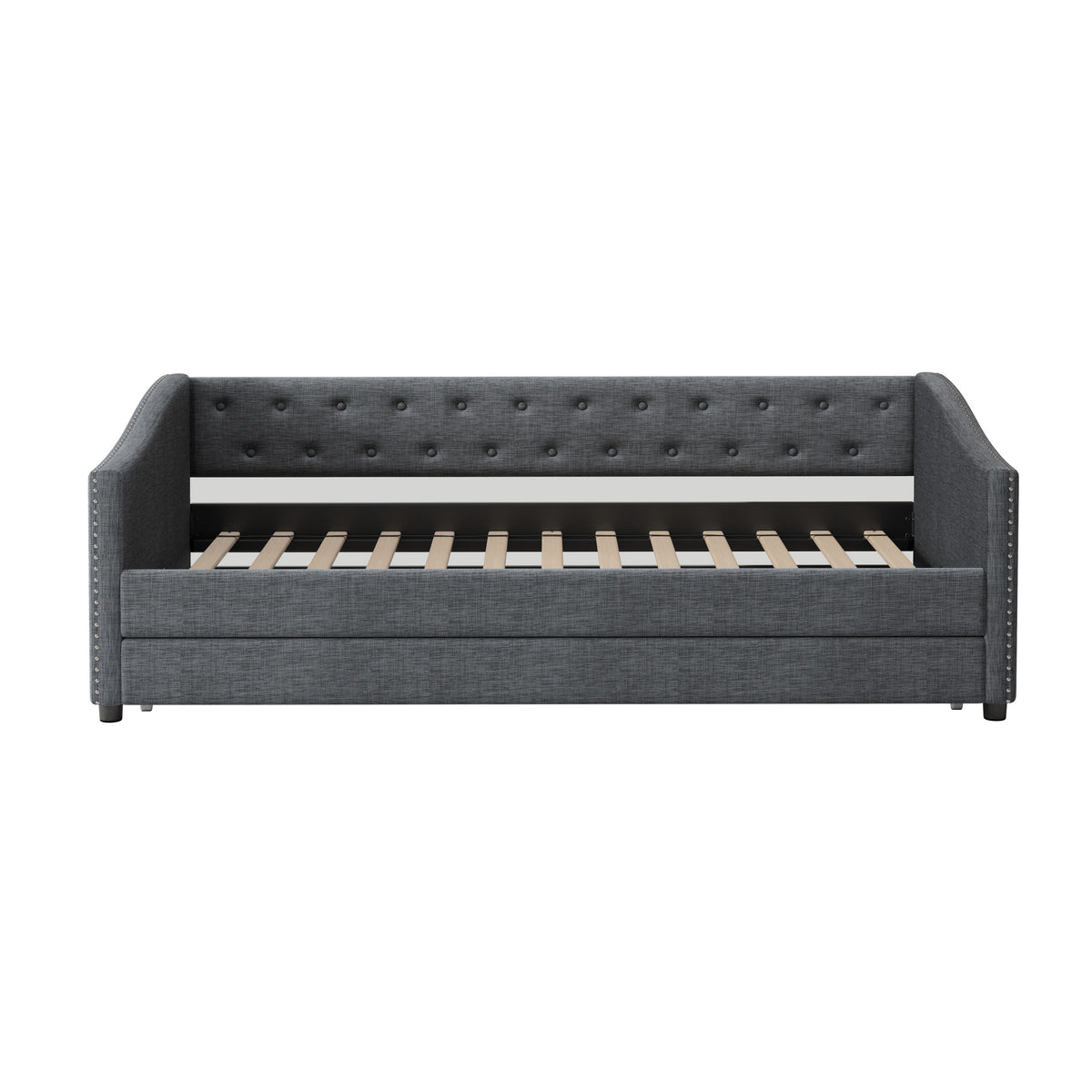 Twin Size Daybed with Twin Size Trundle Upholstered Tufted Sofa Bed, with Button on Back and Copper Nail on Waved Shape Arms-Dark Grey W2336S00008-djyc