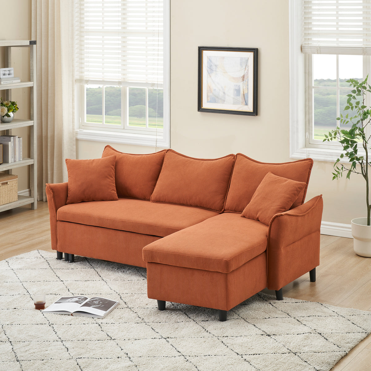 This 80-inch orange corduroy L-shaped sofa comes with two small throw pillows that can be converted into a sofa bed for storage W1278S00026-djyc