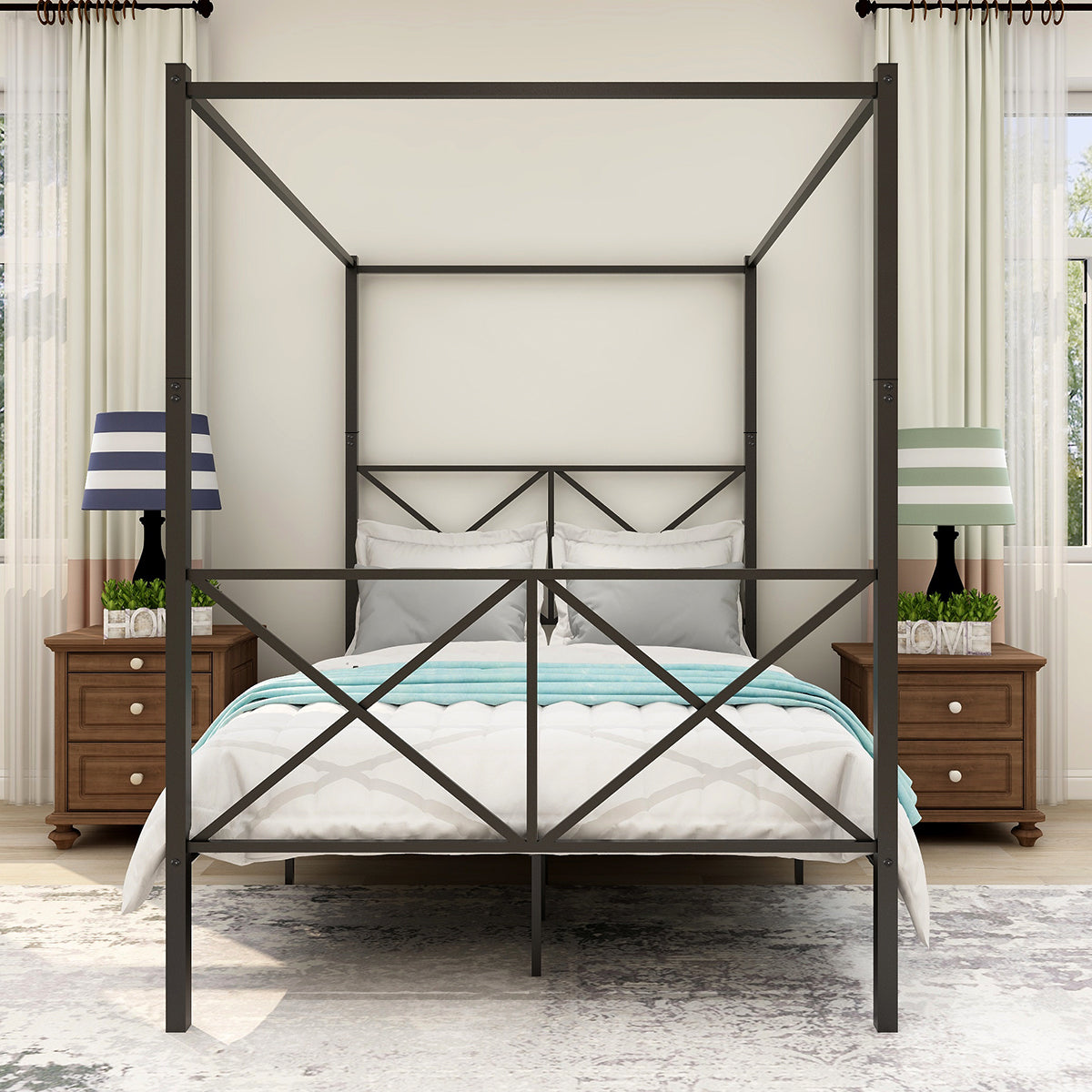 Metal Canopy Bed Frame, Platform Bed Framewith X Shaped Frame Full Black W84041891-djyc