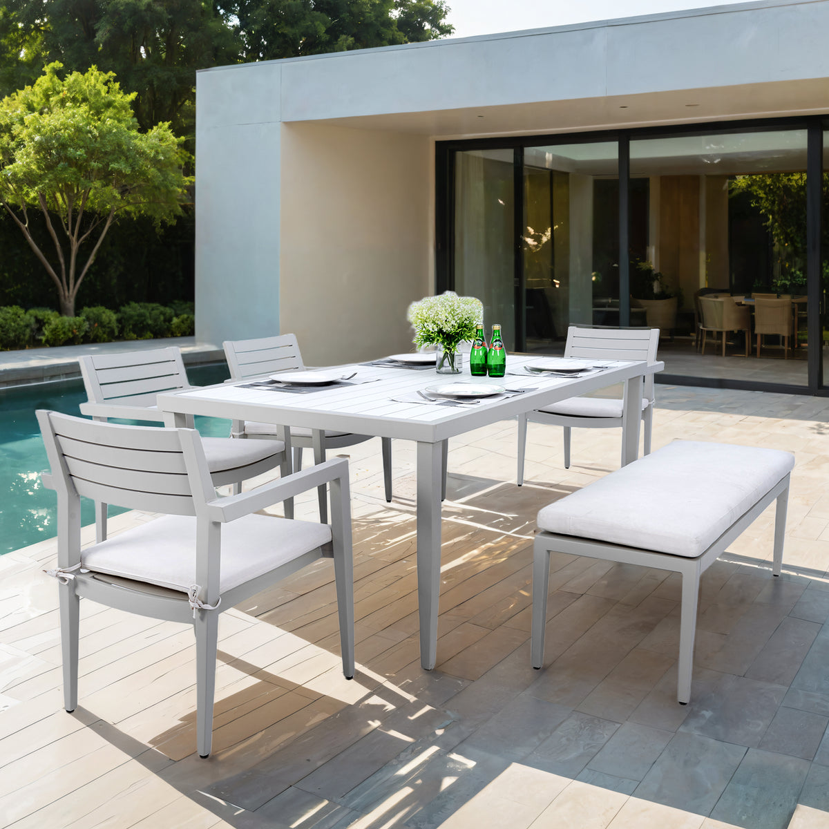 6PC Patio Aluminum Furniture, Modern Dining Set, including 4 Dining Chairs & 1 Dining Bench Sunbrella Fabric Cushioned and Two-tone Table Top Rectangle Table with Umbrella Hole, Matte White+Grayish W1886S00005-djyc
