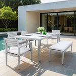 6PC Patio Aluminum Furniture, Modern Dining Set, including 4 Dining Chairs & 1 Dining Bench Sunbrella Fabric Cushioned and Two-tone Table Top Rectangle Table with Umbrella Hole, Matte White+Grayish W1886S00005-djyc
