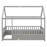 Twin Size Floor Wooden Bed with House Roof Frame, Fence Guardrails,Grey W1858123985-djyc
